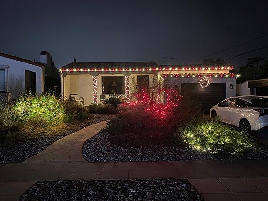 Candy Cane Christmas Lights on Roofline and Wreath